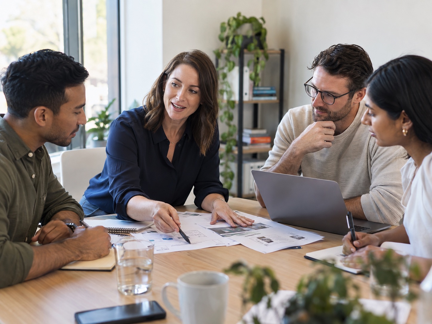 A team leader and three colleagues collaborating on a project plan in a naturally lit office