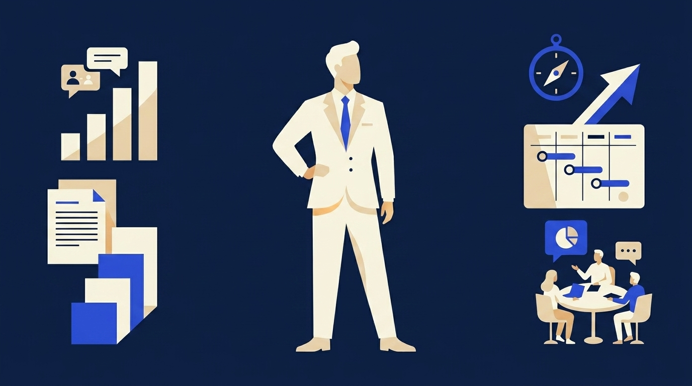 Flat illustration of a business leader with growth charts, documents and a collaborating team