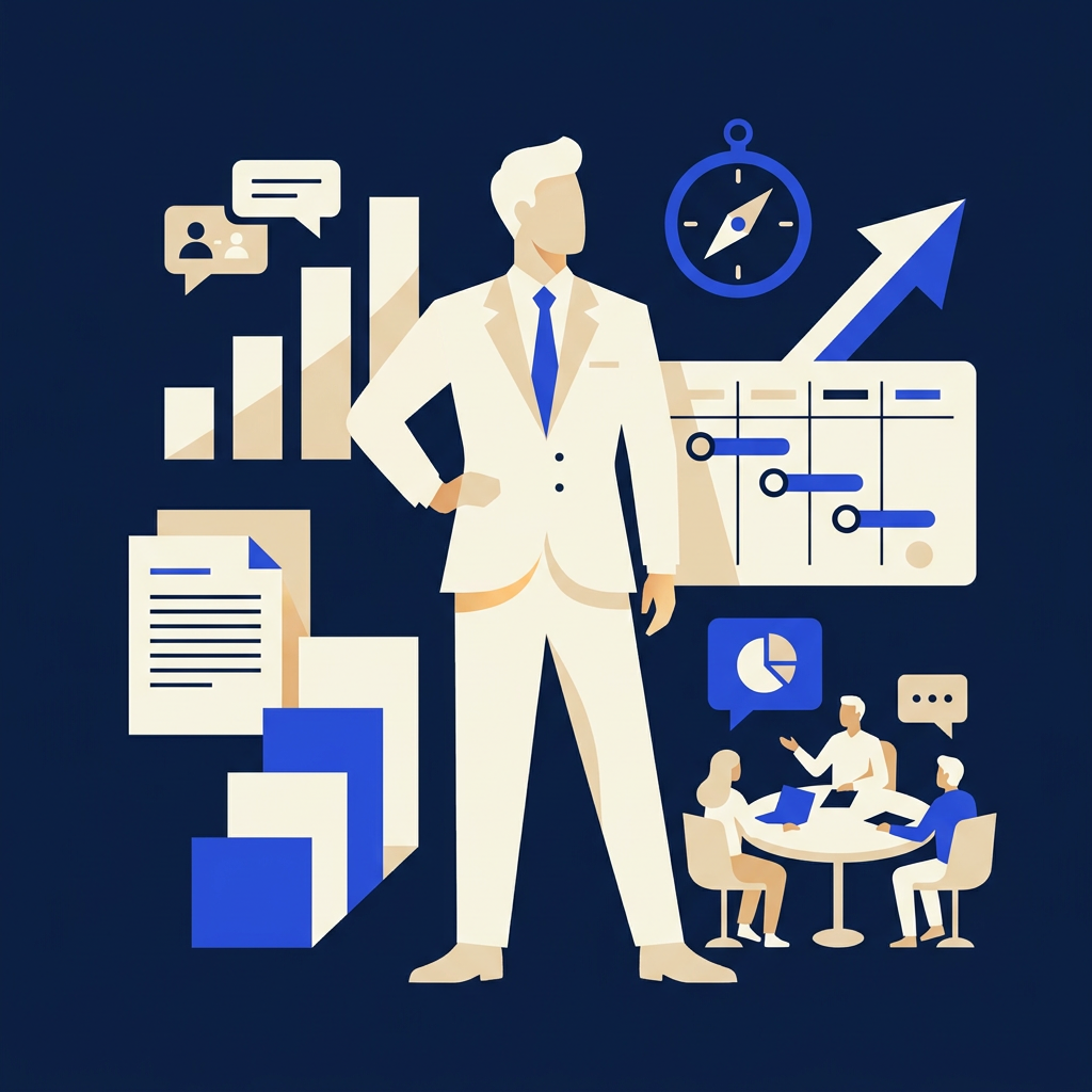 Flat illustration of a business leader with growth charts, documents and a collaborating team