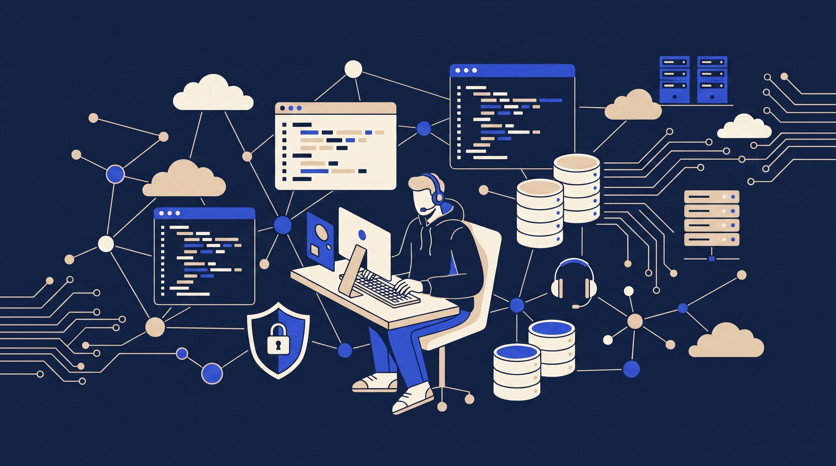 Flat illustration of a developer at a desk with code windows, databases and a security shield