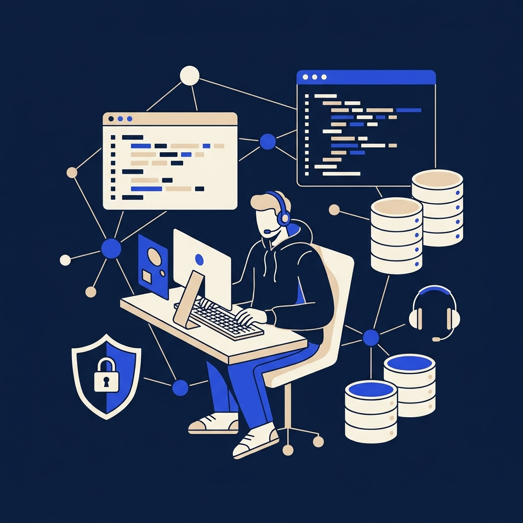 Flat illustration of a developer at a desk with code windows, databases and a security shield